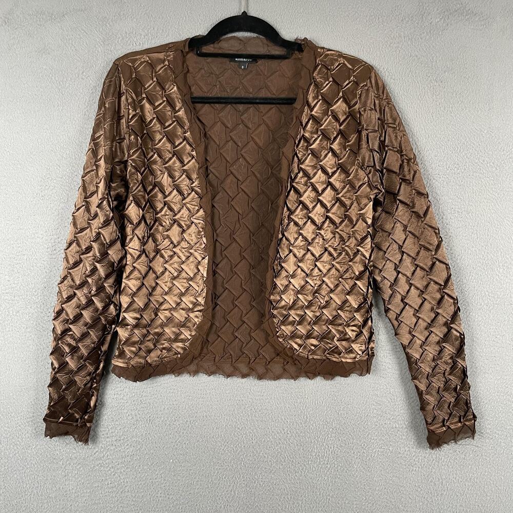 Komarov Jacket Womens Small Brown Textured Crinkle Mesh Sheer Open Front USA